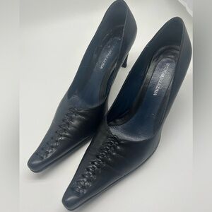 BCBG Max Azria Black Leather Heels. pointed toe